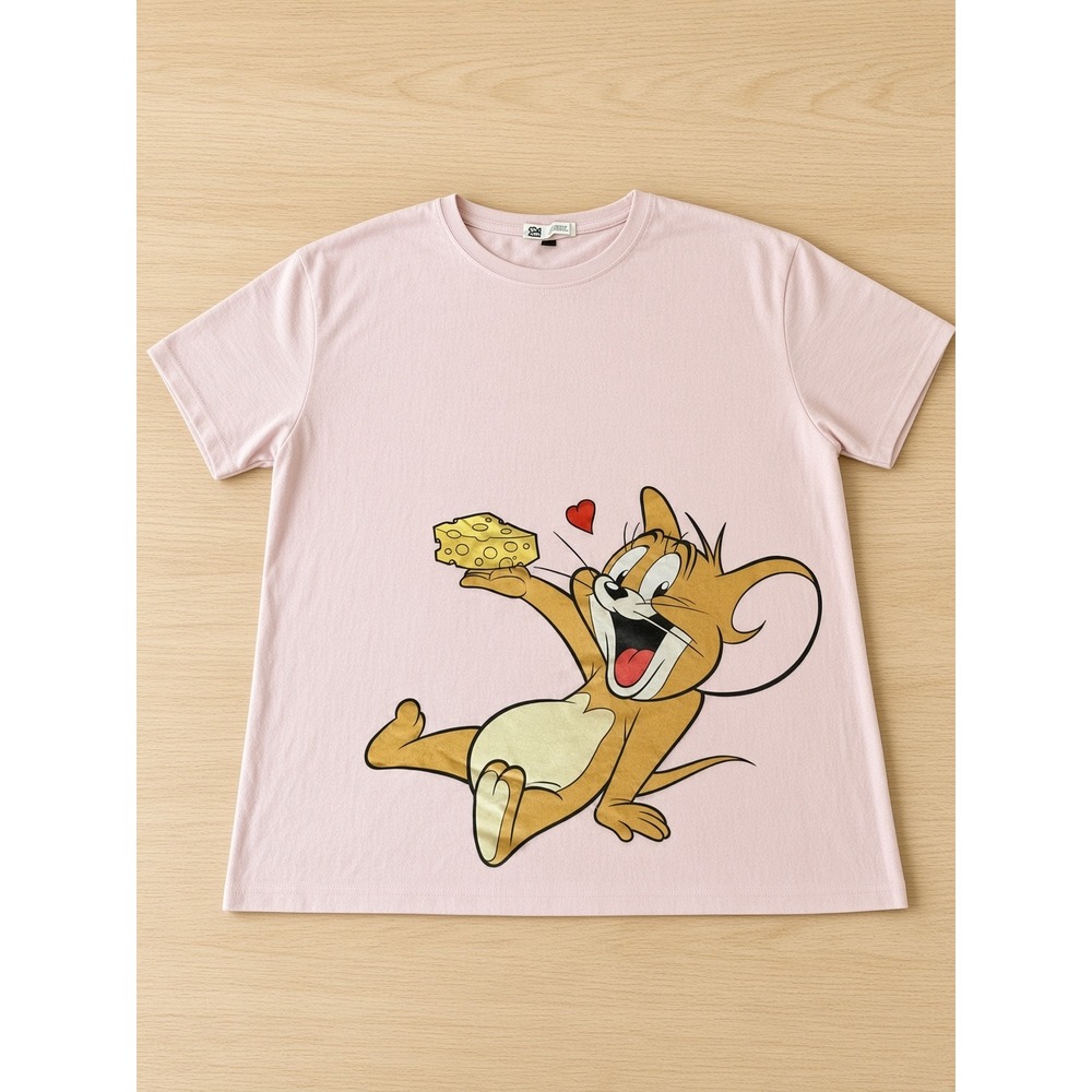 Tom and Jerry Graphic Tee Pink Short Sleeve Crew Neck Jerry Mouse Shirt Medium